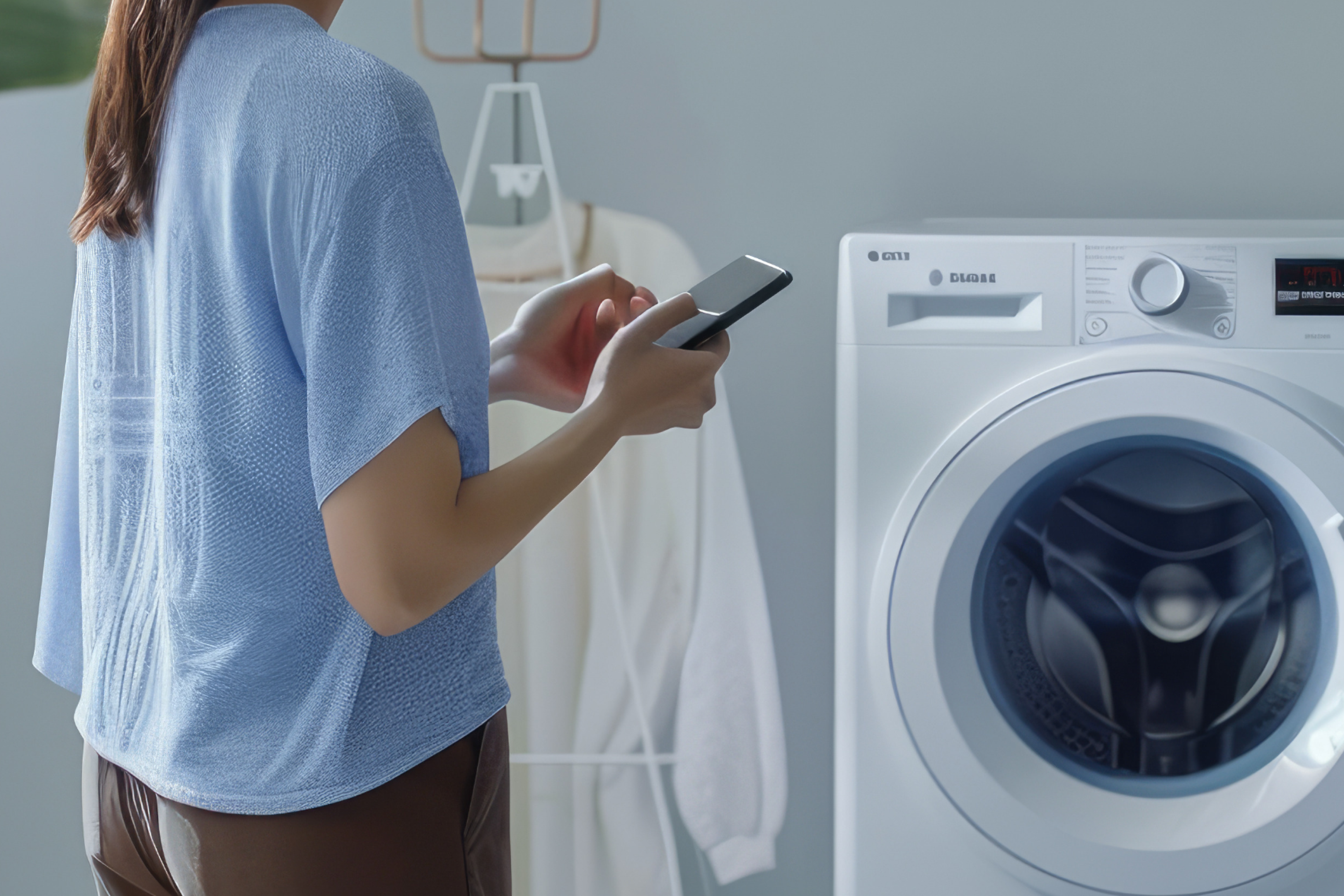 Stock photo of a woman holding phone in front of washer.