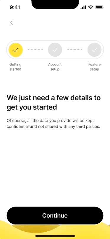 A mock up to show the account set up experience.