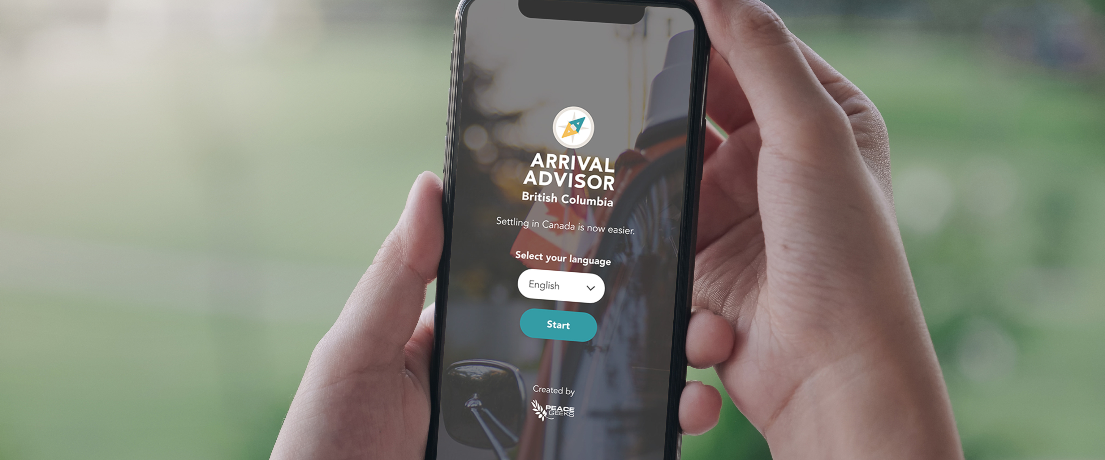 Banner image, person holding phone showing the Arrival Advisor app